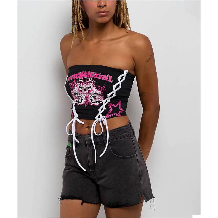 【★百貨店SALE★6/11十二時2時迄】Broken Promises 【 Emotionality Black Lace Up Tube Top Women\u0027s Black 】 黒いこと 黒いこと レディース 黒いこと 黒いこと