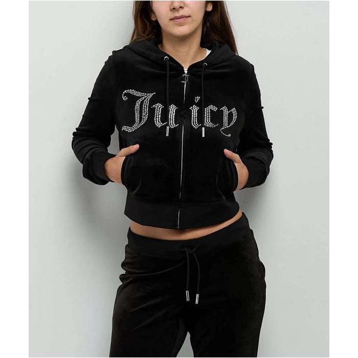 【★百貨店SALE★6/11十二時2時迄】ジューシークチュール Juicy Couture 【 Front Bling Licorice Velour Zip Hoodie Women\u0027s Black 】 天鵞絨 フーディー パーカー レディース 黒いこと 黒いこと