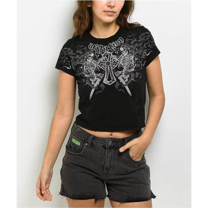 アフリクション Affliction 【 Inner Abyss Black Crop T-Shirt Women's Black 】 黒色 ブラック Crop クロップ Tシャツ レディース 黒色 ブラック|スニケス