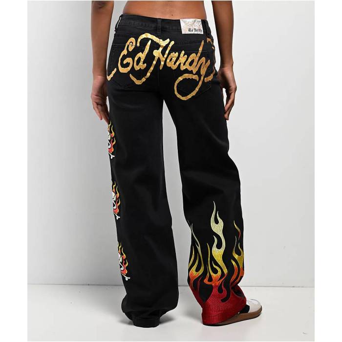エドハーディー Ed Hardy 【 Fire Skull Black Wide Leg Jeans Women's Black 】 ファイア 黒色 ブラック ジーンズ レディース 黒色 ブラック｜スニケス