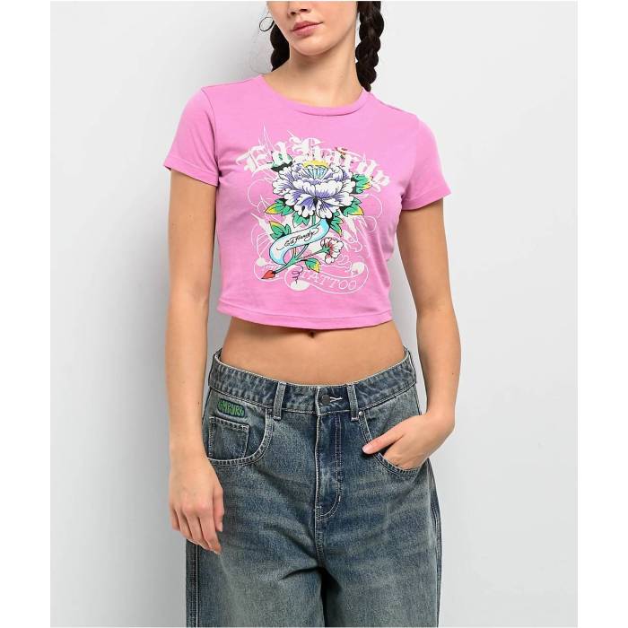 エドハーディー Ed Hardy 【 Flower Diamond Pink Crop T-Shirt Women's Pink 】 ダイヤモンド pink ピンク Crop クロップ Tシャツ レディース pink ピンク|スニケス