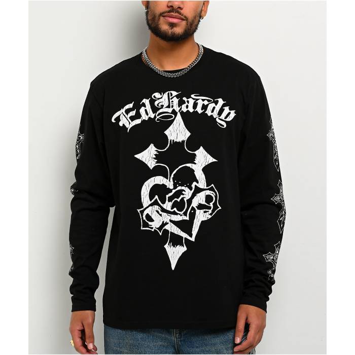 エドハーディー Ed Hardy 【 Crosses Black Long Sleeve T-Shirt Men's Black 】 黒色 ブラック Sleeve スリーブ Tシャツ メンズ 黒色 ブラック｜スニケス