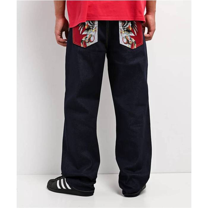 【★百貨店SALE★6/11夜夜中2時迄】エドハーディー Ed Hardy 【 Battle Skull Blue Baggy Raw Denim Jeans Men\u0027s Dark Blue 】 青味 青み ジーンズ デニム メンズ 青味 青み