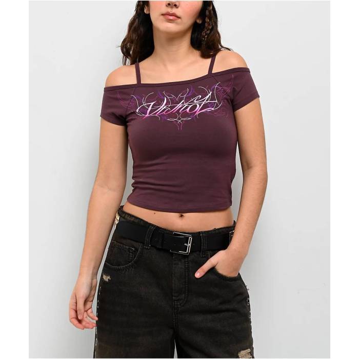 Vitriol 【 Keeli Off Shoulder Purple Crop T-Shirt Women\u0027s Dark Purple 】 Purple 紫・パープル Crop クロップ プルオーバー レディース Purple 紫・パープル