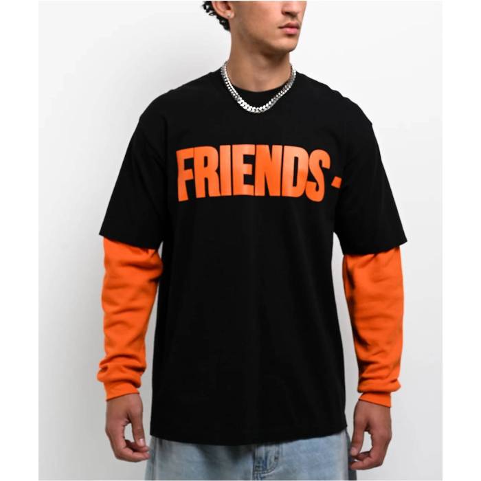 Vlone 【 Friends Black & Orange 2Fer Long Sleeve T-Shirt Men's Black 】 黒色 ブラック orange 橙・オレンジ Sleeve スリーブ Tシャツ メンズ 黒色 ブラック