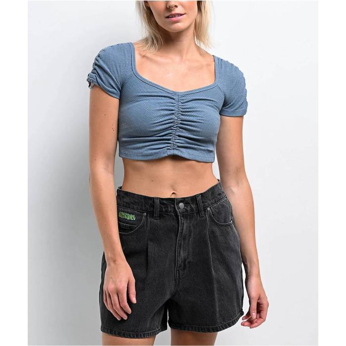 【★百貨店SALE★6/11真夜中2時迄】単位労働組合ベイ Unionbay 【 Hollis Rib Knit Blue Crop T-Shirt Women\u0027s Blue 】 編み物 青碧 青碧 Crop クロップ ティーシャツ レディース 青碧 青碧