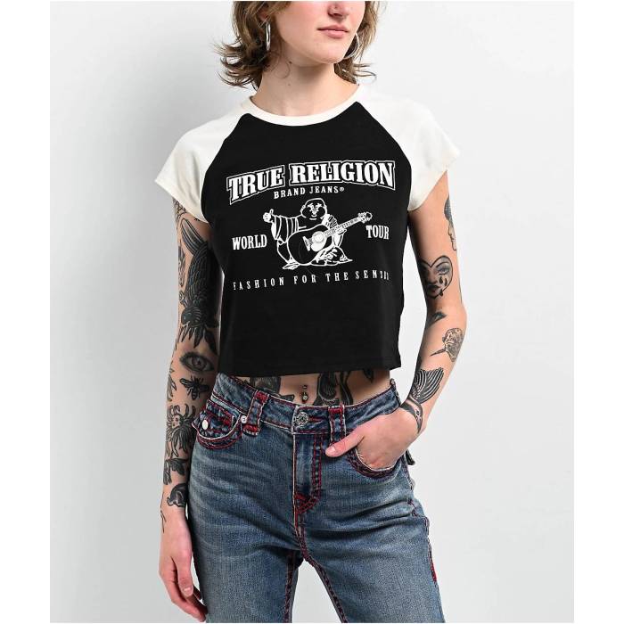 トゥルーレリジョン True Religion 【 Buddha Logo Ringer Raglan Black Crop T-Shirt Women\u0027s Black 】 ロゴタイプ Raglan ラグラン 黒いこと 黒いこと Crop クロップ プルオーバー レディース 黒いこと 黒いこと