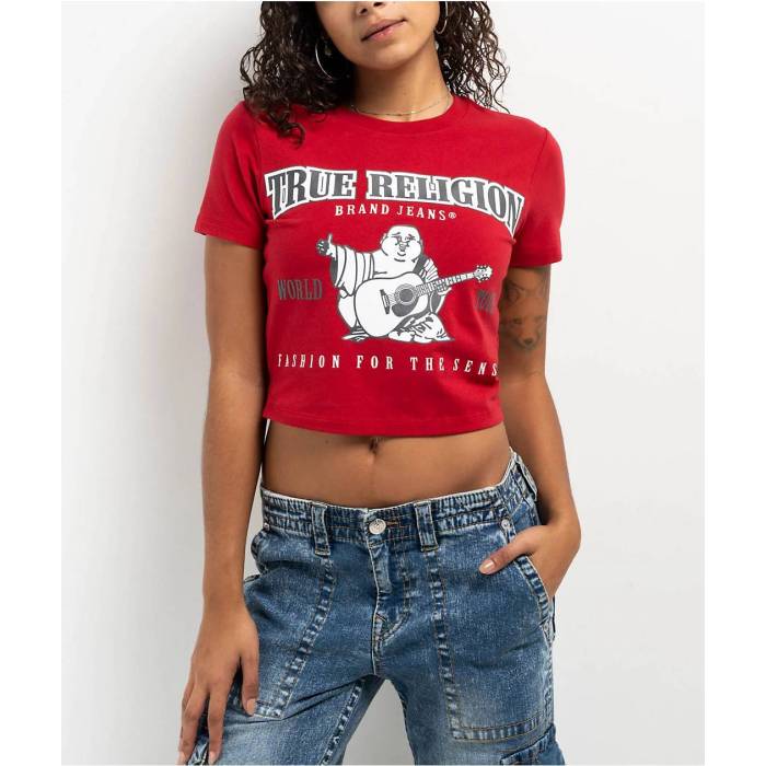 トゥルーレリジョン True Religion 【 Anniversary Buddha Logo Red Crop T-Shirt Women Red 】 ロゴ Red 赤・レッド Crop クロップ Tシャツ レディース Red 赤・レッド