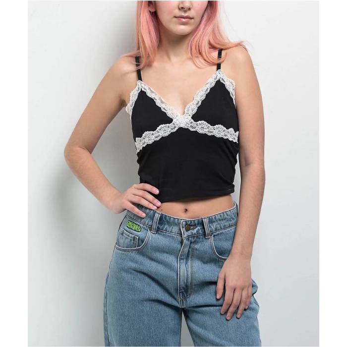 Freeworld 【 Ellouise Lace V Black Crop Tank Top Women's Black 】 黒色 ブラック Crop クロップ タンクトップ レディース 黒色 ブラック
