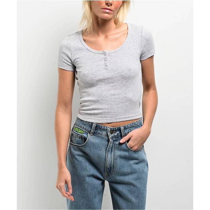 【★百貨店SALE★6/11真夜中2時迄】Freeworld 【 Hannie Heather Grey Henley T-Shirt Women\u0027s Grey 】 heather ギョリュウモドキ 薄墨色 薄墨色 ヘンリー ティーシャツ レディース 薄墨色 薄墨色