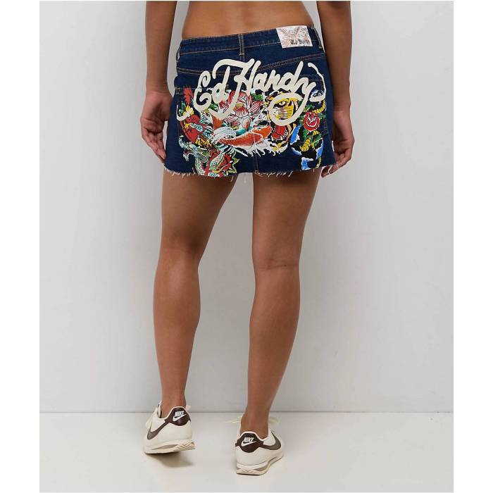 【★百貨店SALE★6/11十二時2時迄】エドハーディー Ed Hardy 【 Tattoo Collage Dark Denim Cutoff Mini Skirt Women\u0027s Dark Blue 】 ジーンズ レディース 青み 青色