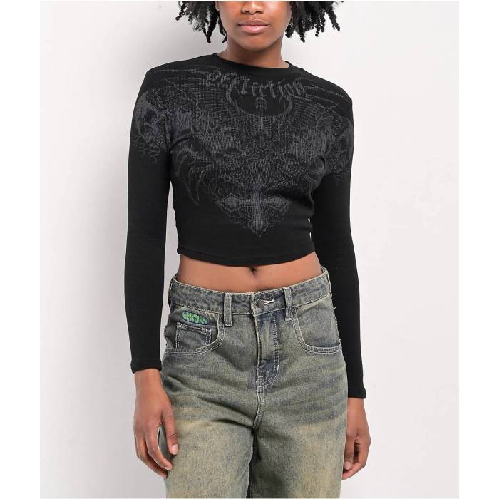 【★百貨店SALE★6/11十二時2時迄】アフリクション Affliction 【 Ethereal Burial Black Thermal Long Sleeve Crop T-Shirt Women\u0027s Black 】 黒いこと 黒いこと Sleeve 捩り Crop クロップ プルオーバー レディース 黒いこと 黒いこと