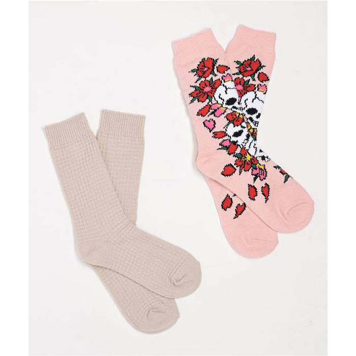 エドハーディー Ed Hardy 【 Skull Pink & Waffle 2 Pack Crew Socks Women's Assorted 】 pink ピンク ワッフル クルー ソックス・靴下 レディース