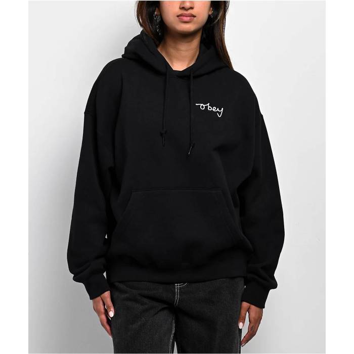オベイ Obey 【 Chainstitch Baggy Black Hoodie Women's Black 】 黒色 ブラック フーディー パーカー レディース 黒色 ブラック｜スニケス 15,820円