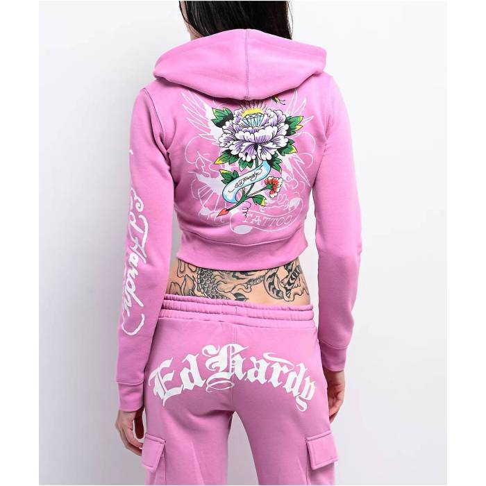 エドハーディー Ed Hardy 【 Flower Skull Pink Crop Zip Hoodie Women's Pink 】 pink ピンク Crop クロップ フーディー パーカー レディース pink ピンク