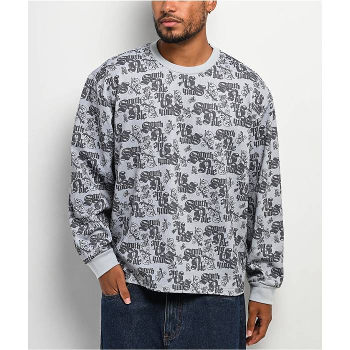 サウスポール Southpole 【 Allover Grey Thermal Long Sleeve Boxy Crop T-Shirt Men's Grey 】 灰色 グレー Sleeve スリーブ Crop クロップ Tシャツ メンズ 灰色 グレー｜スニケス