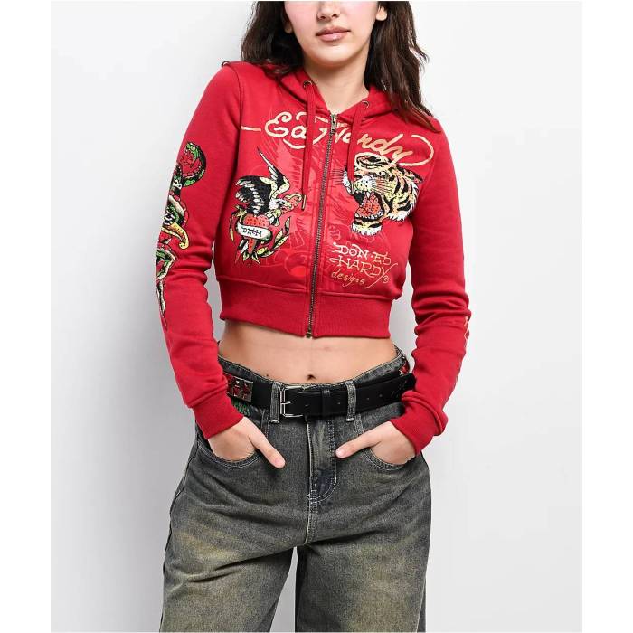 エドハーディー Ed Hardy 【 Eagle Tiger Red Crop Zip Hoodie Women's Red 】 Red 赤・レッド Crop クロップ フーディー パーカー レディース Red 赤・レッド