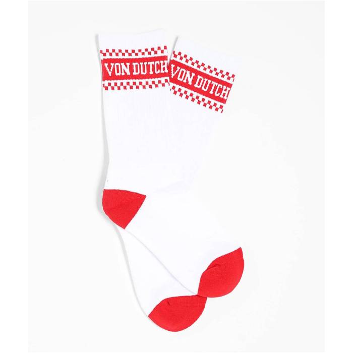 フォンダッチ Von Dutch 【 Checker Stripe White & Red Crew Socks Men's White 】 Stripe ストライプ 白色 ホワイト Red 赤・レッド クルー ソックス・靴下 メンズ 白色 ホワイト