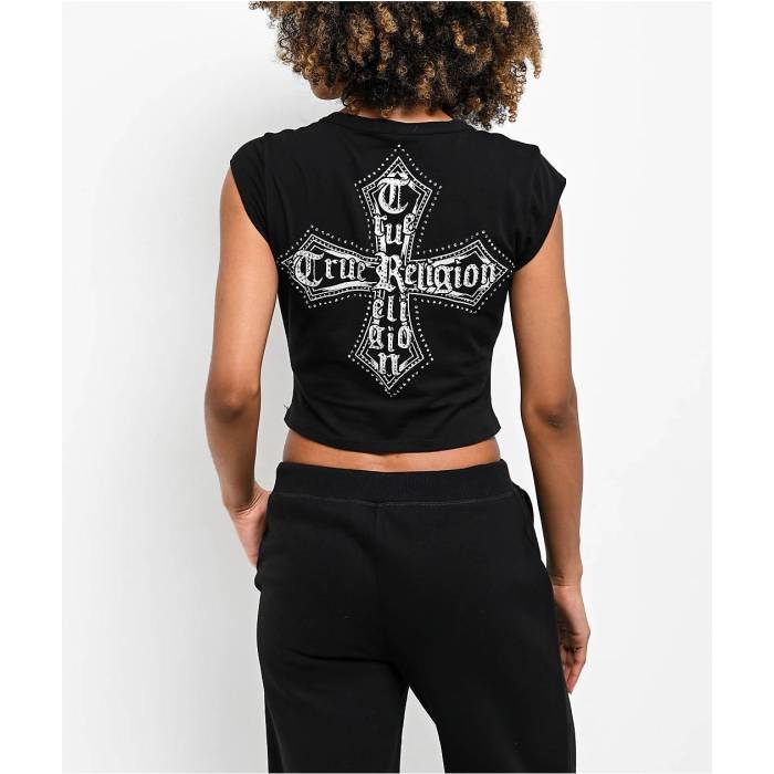 トゥルーレリジョン True Religion 【 Crystal Cross Black Notch Crop T-Shirt Women's Black 】 黒色 ブラック Crop クロップ Tシャツ レディース 黒色 ブラック