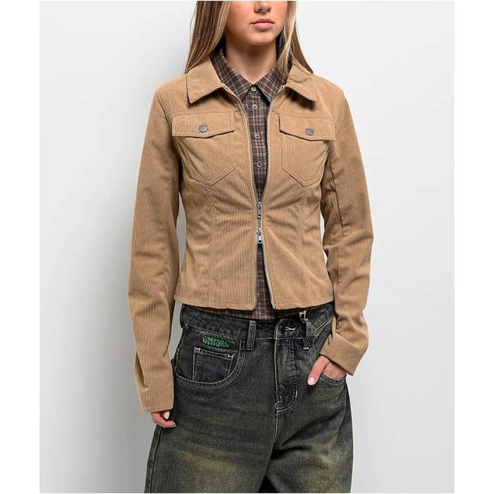 Pretty Garbage 【 Jinny Khaki Corduroy Crop Jacket Women\u0027s Beige 】 カーキ コール天 Crop クロップ Jacket 上衣 レディース ベージュ