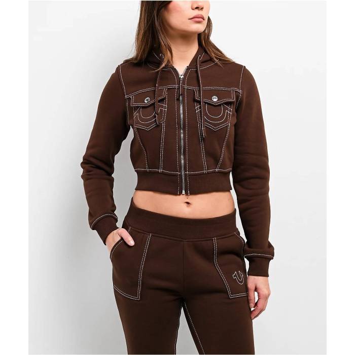 トゥルーレリジョン True Religion 【 Big T Shrunken Burlwood Crop Zip Hoodie Women's Brown 】 Crop クロップ フーディー パーカー レディース 茶色 ブラウン
