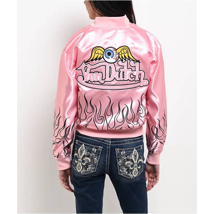 フォンダッチ Von Dutch 【 Pink Satin Bomber Jacket Women\u0027s Pink 】 pink サクラ色 繻子 Jacket 上衣 レディース pink サクラ色