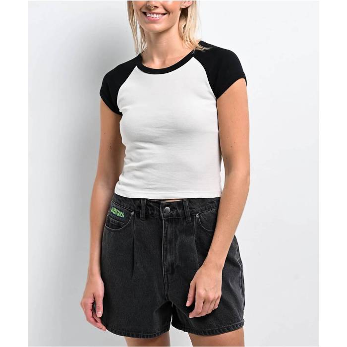 Zine 【 Pammie Silver Birch \u0026 Black Crop Raglan T-Shirt Women\u0027s Natural 】 Silver しろがね色・しろがね色 黒いこと 黒いこと Crop クロップ Raglan ラグラン プルオーバー レディース 自然的