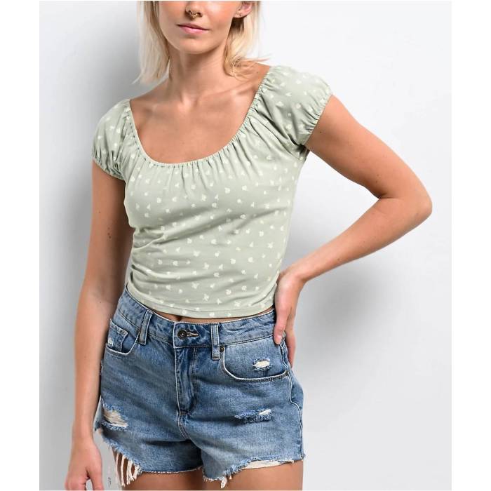 【★百貨店SALE★6/11真夜中2時迄】Zine 【 Ruby Desert Sage Shirred Crop Top Women\u0027s Green 】 Crop クロップ レディース green 緑・緑であること