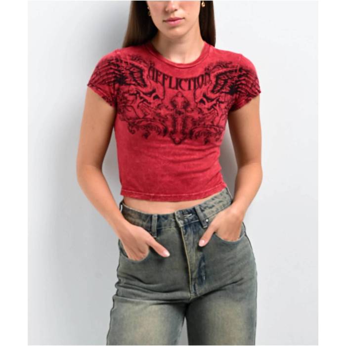 アフリクション Affliction 【 Winged Up Red Wash Crop T-Shirt Women's Red 】 Red 赤・レッド Crop クロップ Tシャツ レディース Red 赤・レッド