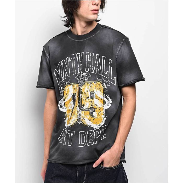 Ninth Hall 【 Shipwreck Black Wash Raw Edge T-Shirt Men\u0027s Charcoal 】 黒いこと 黒いこと プルオーバー メンズ 濃灰色