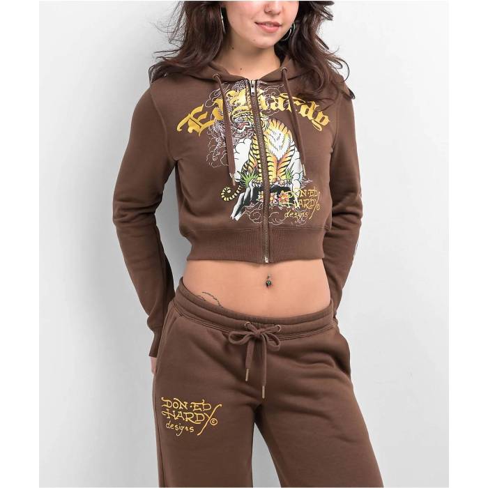 エドハーディー Ed Hardy 【 Tiger Mountain Cocoa Crop Zip Hoodie Women's Brown 】 Crop クロップ フーディー パーカー レディース 茶色 ブラウン｜スニケス