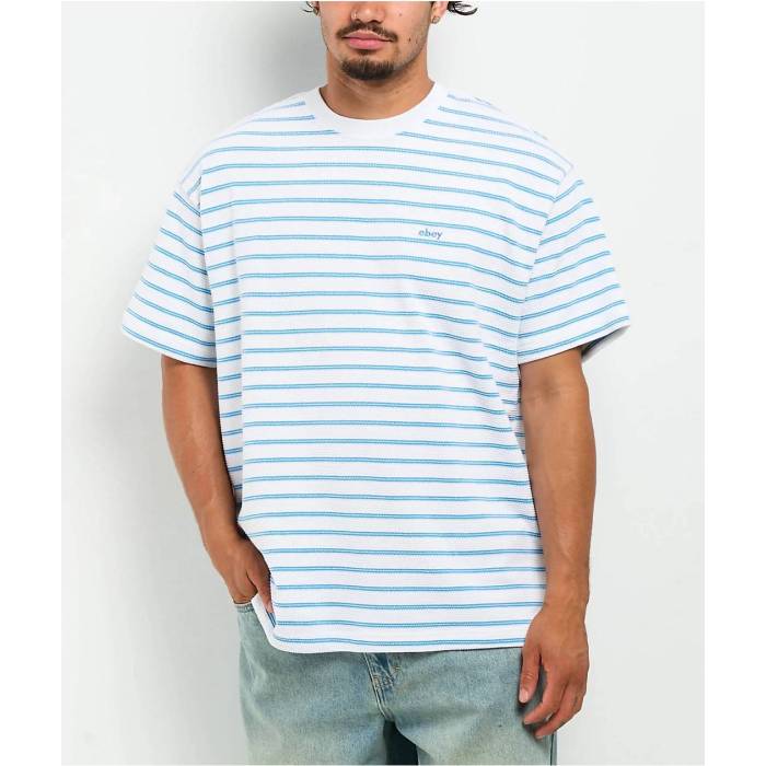 オベイ Obey 【 Striped White & Blue Knit T-Shirt Men\'s White 】 白色 ホワイト 青色 ブルー ニット Tシャツ メンズ 白色 ホワイト