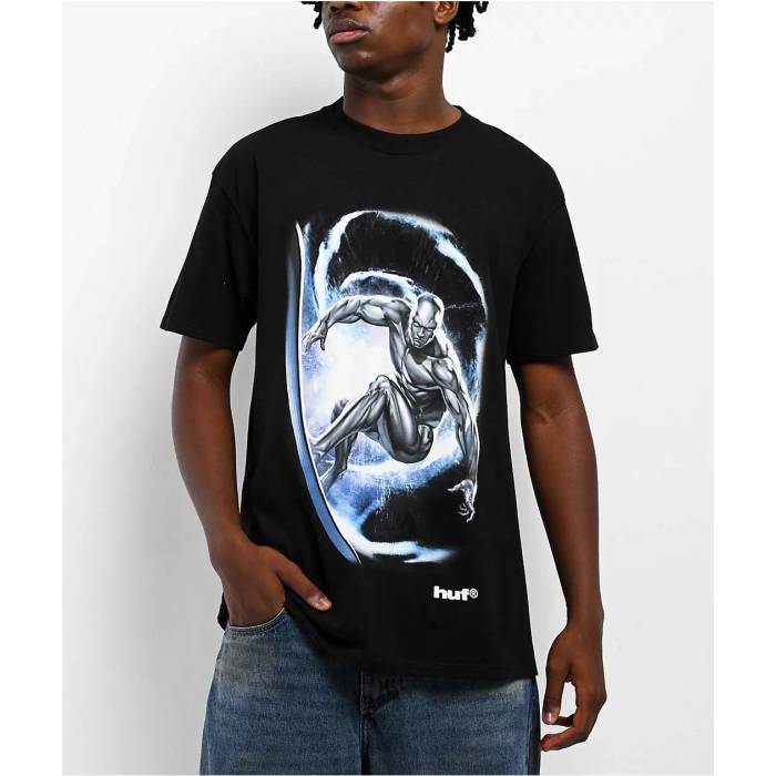 【★百貨店SALE★6/11真夜中2時迄】ハフ Huf 【 X Fantastic 4 Silver Surfer Black T-Shirt Men\u0027s Black 】 Silver しろがね色・しろがね色 黒いこと 黒いこと ティーシャツ メンズ 黒いこと 黒いこと