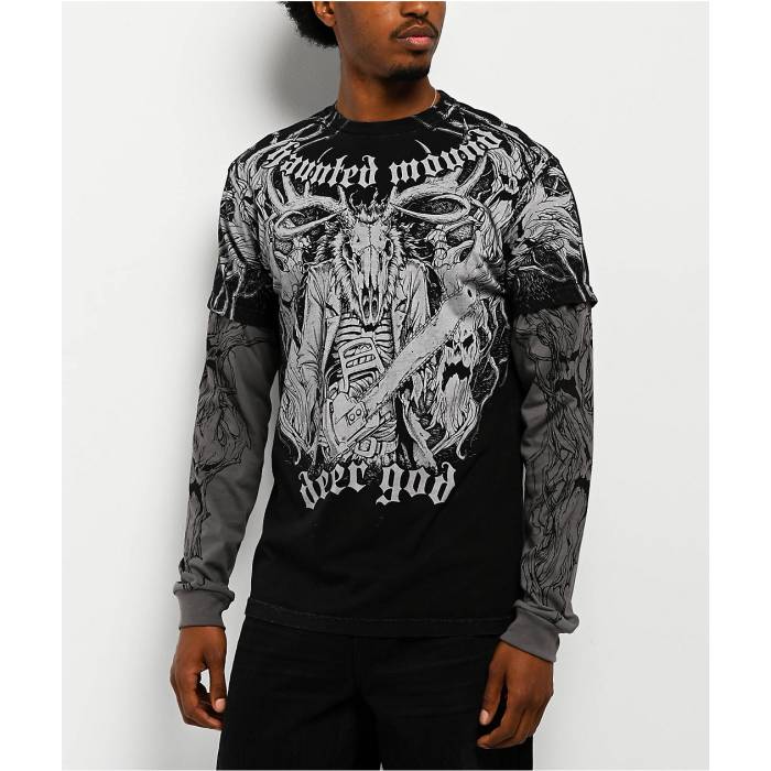 アフリクション Affliction 【 X Haunted Mound Deer God Black Wash \u0026 Grey 2Fer Long Sleeve T-Shirt Men\u0027s Black 】 黒いこと 黒いこと 薄墨色 薄墨色 Sleeve 衣手 プルオーバー メンズ 黒いこと 黒いこと Tシャツ・カットソー-メンズファッション