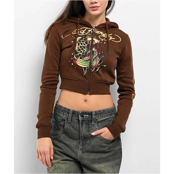 エドハーディー Ed Hardy 【 Koi Fish Cocoa Crop Zip Hoodie Women's Brown 】 Crop クロップ フーディー パーカー レディース 茶色 ブラウン｜スニケス