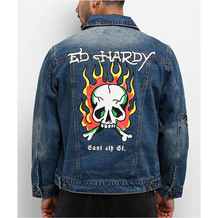 エドハーディー Ed Hardy 【 Skull Blue Wash Denim Jacket Men's Medium Blue 】 青色 ブルー デニム Jacket ジャケット メンズ 青色 ブルー