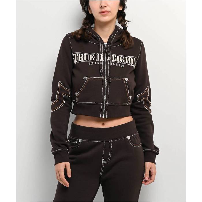 トゥルーレリジョン True Religion 【 Shrunken Big T Brown Crop Zip Hoodie Women's Brown 】 茶色 ブラウン Crop クロップ フーディー パーカー レディース 茶色 ブラウン｜スニケス