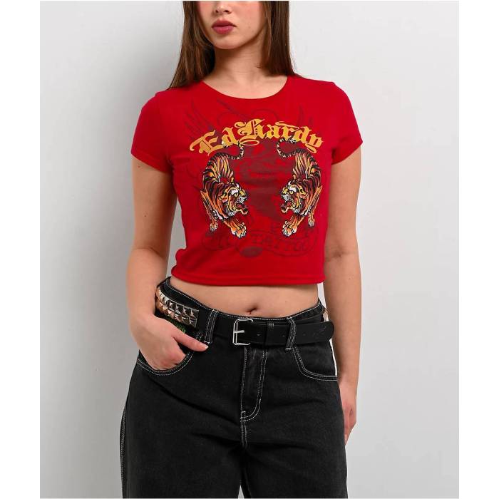 エドハーディー Ed Hardy 【 Crawling Tigers Cherry Crop T-Shirt Women's Red 】 タイガース Crop クロップ Tシャツ レディース Red 赤・レッド