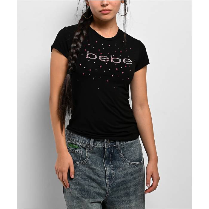 ベベ Bebe 【 Rhinestone Logo Black T-Shirt Women's Black 】 ロゴ 黒色 ブラック Tシャツ レディース 黒色 ブラック