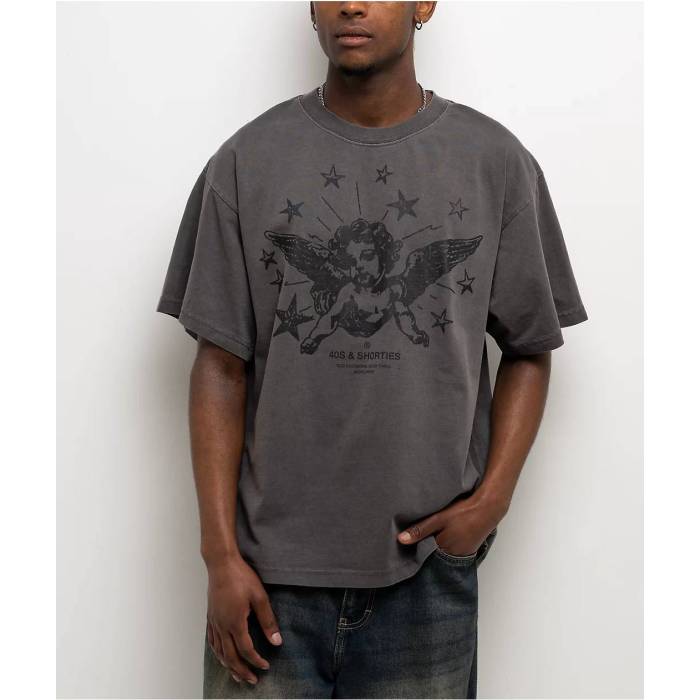 【★百貨店SALE★6/11真夜中2時迄】40S \u0026 Shorties 【 Cherub Rock Grey Wash T-Shirt Men\u0027s Dark Grey 】 薄墨色 薄墨色 ティーシャツ メンズ 薄墨色 薄墨色