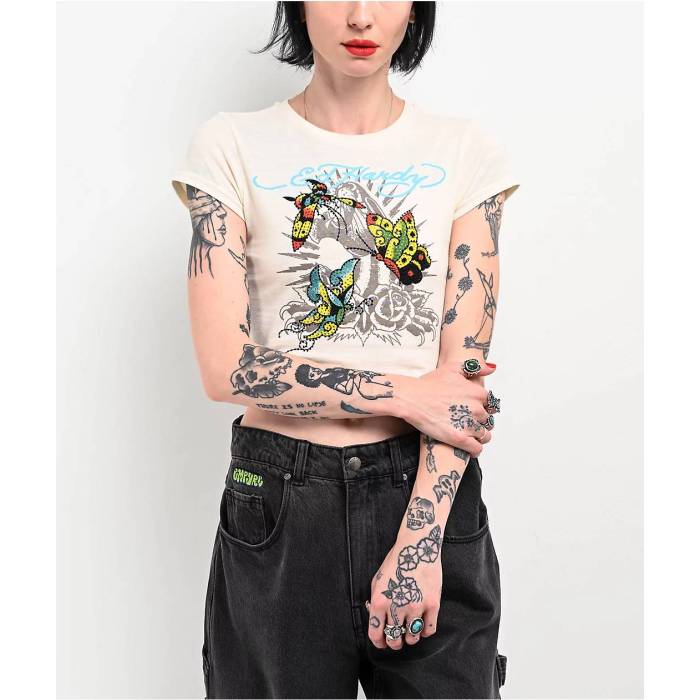 エドハーディー Ed Hardy 【 True Eagle Rhinestone Natural Crop T-Shirt Women Natural 】 ナチュラル Crop クロップ Tシャツ レディース ナチュラル