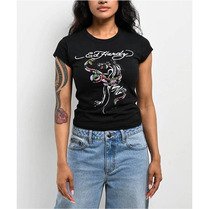 エドハーディー Ed Hardy 【 Panther Snake Black T-Shirt Women's Black 】 黒色 ブラック Tシャツ レディース 黒色 ブラック|スニケス