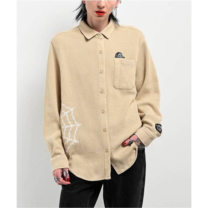 【★百貨店SALE★6/11真夜中2時迄】Lurking Class By Sketchy Tank 【 Webs Khaki Long Sleeve Thermal Button Up Shirt Women\u0027s Natural 】 カーキ Sleeve 衣袂 レディース 自然的