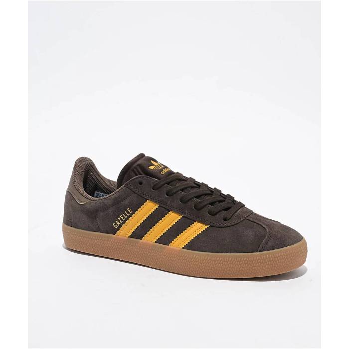 アディダス Adidas 【 Gazelle Adv Dark Brown Preloved Yellow \u0026 Gum Skate Shoes Men\u0027s Dark Brown 】 ガゼル 赤銅色 赤銅色 yellow 黄味がかった・黄色 Skate 滑る シューズ 運動すること靴 メンズ 赤銅色 赤銅色