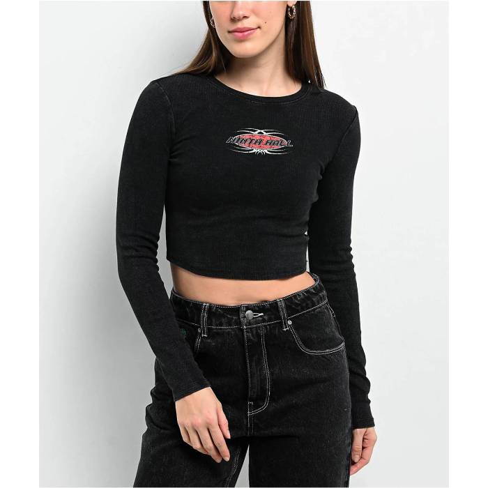 【★百貨店SALE★6/11真夜中2時迄】Ninth Hall 【 Livie Black Wash Long Sleeve Crop T-Shirt Women\u0027s Black 】 黒いこと 黒いこと Sleeve 衣袂 Crop クロップ ティーシャツ レディース 黒いこと 黒いこと