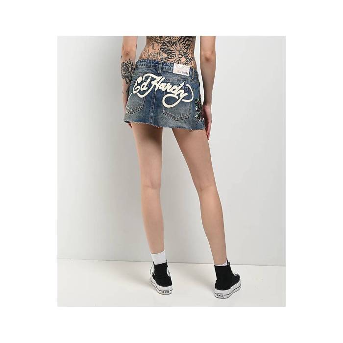 【★百貨店SALE★6/11十二時2時迄】エドハーディー Ed Hardy 【 Panther Dagger Dark Blue Cutoff Denim Mini Skirt Women\u0027s Blue 】 青み 青色 ジーンズ レディース 青み 青色