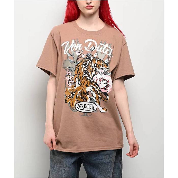 フォンダッチ Von Dutch 【 Tiger Rose Beige T-Shirt Women Dark Beige 】 Rose ローズ ベージュ Tシャツ レディース ベージュ