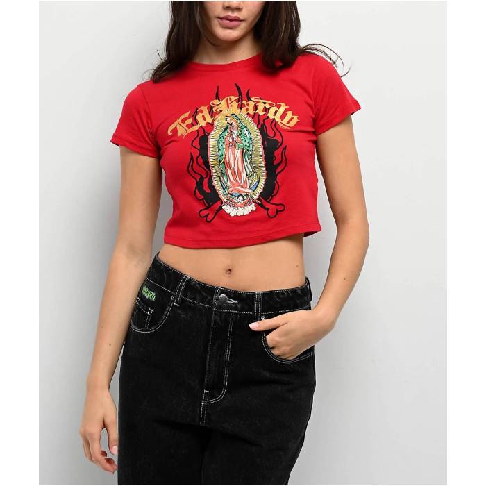 エドハーディー Ed Hardy 【 Mary Cherry Red Crop T-Shirt Women's Red 】 Red 赤・レッド Crop クロップ Tシャツ レディース Red 赤・レッド|スニケス