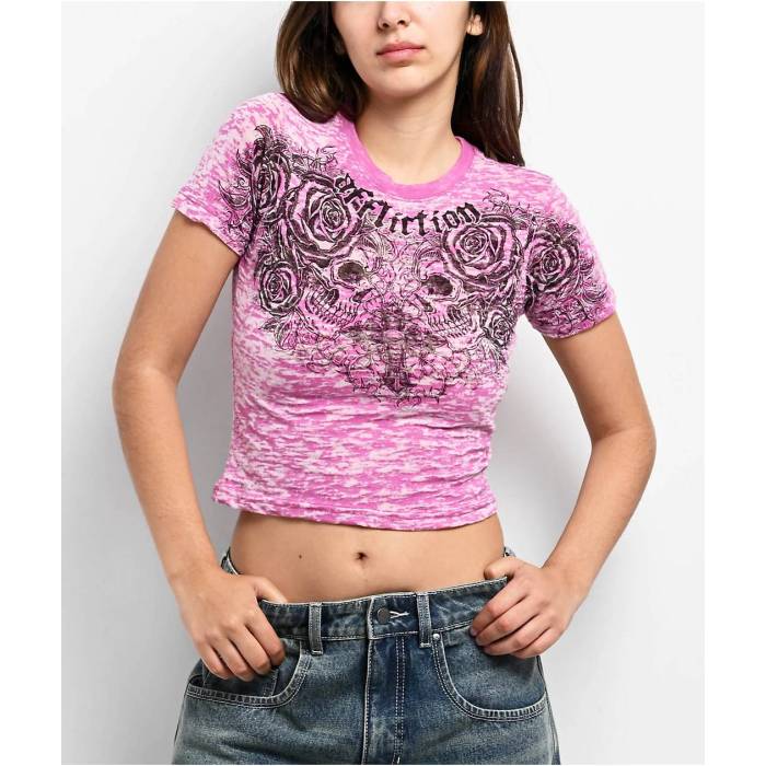 アフリクション Affliction 【 Forgotten Pink Burnout Crop T-Shirt Women's Pink 】 pink ピンク Crop クロップ Tシャツ レディース pink ピンク