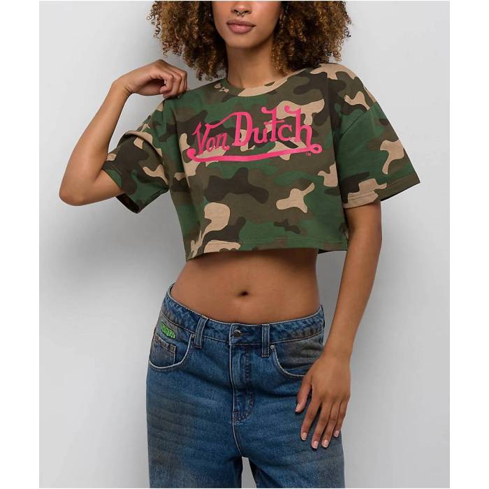 フォンダッチ Von Dutch 【 Logo Camo Crop T-Shirt Women's Green 】 ロゴ カモ柄 Crop クロップ Tシャツ レディース green 緑・グリーン｜スニケス